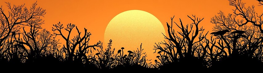 Wall Mural - land biology texture sunset silhouette of trees and foliage against a vibrant orange sky setting the