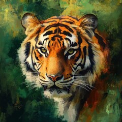 Poster - Vibrant tiger portrait surrounded by lush jungle colors offering space for creative text. Generative AI