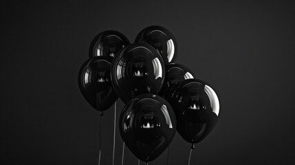 Poster - A cluster of shiny black balloons against a dark background, creating a minimalist and elegant atmosphere