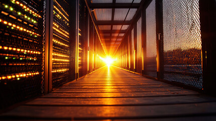 Wall Mural - Data center corridor with glowing servers and sunset light creating warm atmosphere