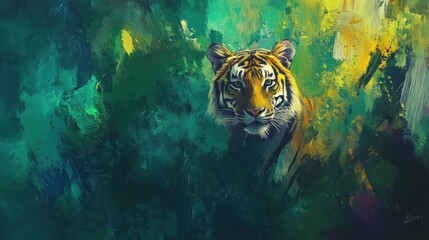 Poster - Vibrant impressionist portrait of a tiger in a colorful jungle setting with space for text. Generative AI