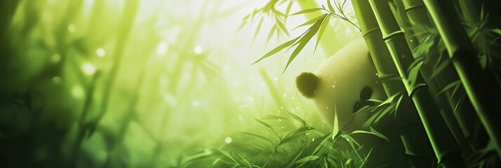 Poster - Portrait of a panda amidst lush green bamboo, creating a serene atmosphere in a vibrant forest setting. Generative AI