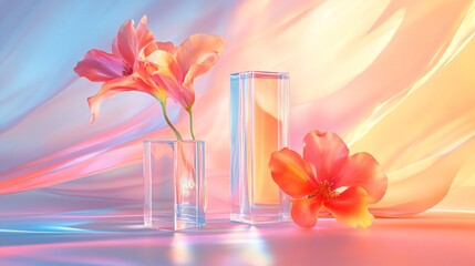 Poster - Orange lilies standing in glass vase on holographic background