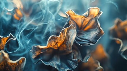 Wall Mural - Dried smoky fusion Abstract Close-up of Delicate Dried Petals with Ethereal Blue and Orange Hues