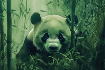 Fototapete - Panda portrait in a lush bamboo forest with ample space for adding text later. Generative AI