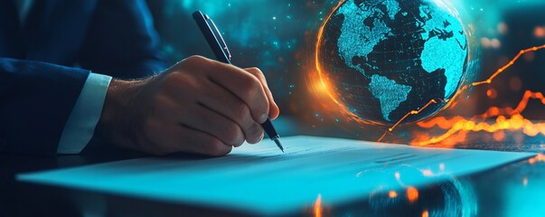 Poster - Businessman signing international contract with digital globe hologram