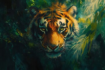 Poster - Impressionist tiger portrait in vibrant jungle setting with space for text. Generative AI