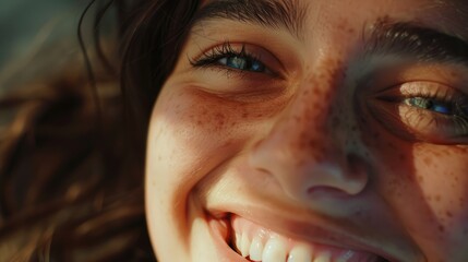 Wall Mural - Close-up of a young woman with freckles smiling joyfully, sunlight illuminating her face, capturing a moment of happiness