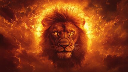 Poster - Regal lion portrait with golden mane illuminated by sunset light perfect for text overlay. Generative AI