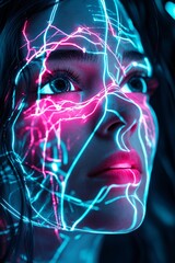 Poster - Woman showing futuristic neon lights projection on face