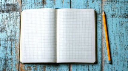 Leinwandbilder - Open notebook and pencil on a wooden desk with ample space for writing notes or ideas. Generative AI