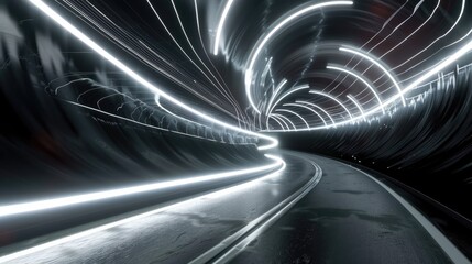 Wall Mural - A futuristic tunnel illuminated by bright neon lights, showcasing a smooth road winding through a dark environment