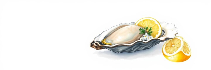 Realistic watercolor illustration of a fresh oyster with a slice of lemon, perfect for seafood menus and restaurant decorations, isolated, gourmet, shellfish