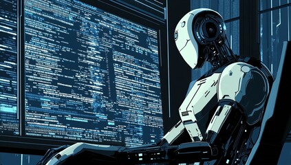 Advanced Robot Analyzes Complex Code Efficiently on Large Screen