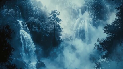 Wall Mural - Majestic waterfalls cascading through a misty forest landscape, creating a serene and tranquil atmosphere