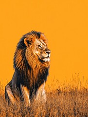 Poster - Vibrant pop art lion portrait against a bold savanna sunset with space for custom text. Generative AI