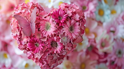 Wall Mural - Heart-shaped arrangement of pink flowers with a butterfly on top, surrounded by a soft, colorful floral background