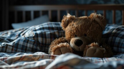 Canvas Print - A cozy teddy bear resting on a plaid bedspread in a softly lit bedroom, creating a warm, inviting atmosphere