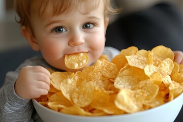 Adorable Baby Enjoying a Big Bowl of Crunchy Potato Chips