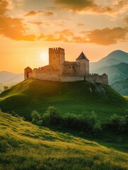 Wall Mural - Medieval castle perched on a green hill under a stunning sunset sky with vibrant colors and scenic mountains in the background. Generative AI