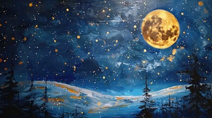 Wall Mural - A serene winter night scene featuring a large, glowing moon illuminating a snowy landscape with pine trees