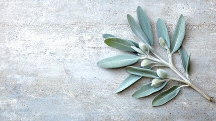 Wall Mural - Silver sage sprig on grey stone background; ideal for wellness, culinary, or herbal themes