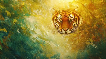 Poster - Vibrant impressionist tiger portrait set against a lush jungle background with space for additional text and messages. Generative AI