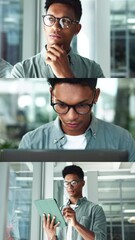 Fototapete - Collage, businessman and thinking with technology in office for planning and networking on tablet. Composite, male person or graphic designer reading on laptop for research, ideas and startup project