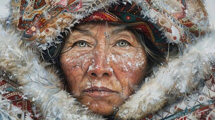 Close-up portrait of a weathered woman in traditional attire, surrounded by snow, showcasing resilience and culture