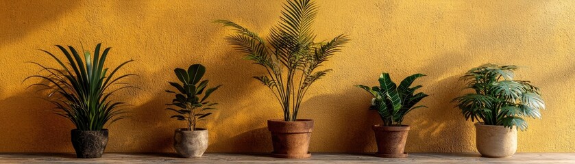 Poster - Five potted plants on shelf, yellow wall, sunlit. Home decor, interior design