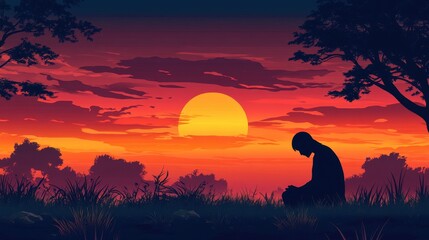 Wall Mural - Silhouette kneels in grass during vibrant orange and red sunset