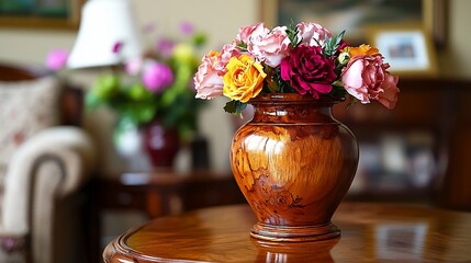 Canvas Print - Roses in wooden vase on table, living room background, home decor