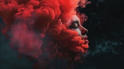 Poster - Ethereal portrait of a woman enveloped in vibrant red smoke, creating a surreal and artistic atmosphere