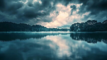 Wall Mural - Serene Lake Landscape with Dramatic Clouds and Reflection at Dusk