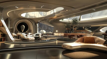 Sticker - Futuristic interior design showcasing a sleek living space with advanced technology and natural light