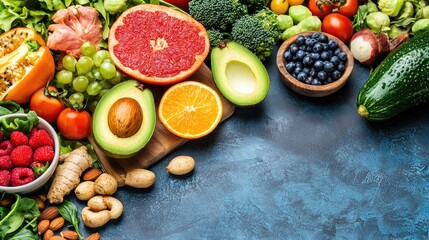 Poster - Vibrant fruits, vegetables, and nuts on dark background; healthy eating concept; website banner