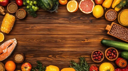 Canvas Print - Healthy food frame, wood background, fruits vegetables, recipe blog