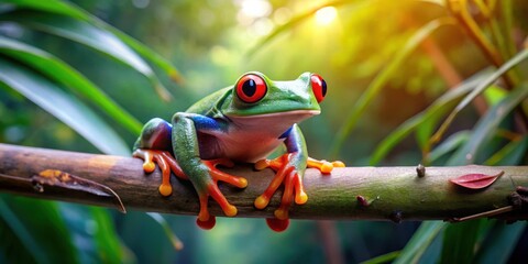 Wall Mural - Red-eyed frog sitting on a straight tree branch with a blurred background of a dense jungle or rainforest, foliage