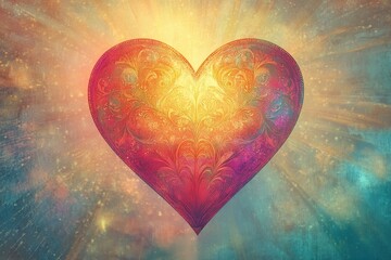 Canvas Print - Stylized ornate heart radiating light in a colorful background