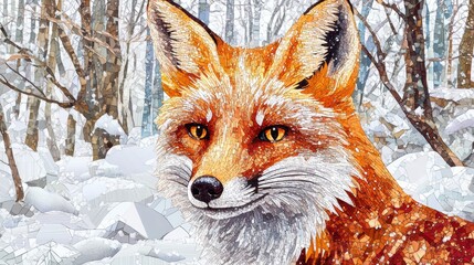 Poster - Intricate mosaic fox portrait against a snowy forest backdrop with captivating tessellated patterns. Generative AI