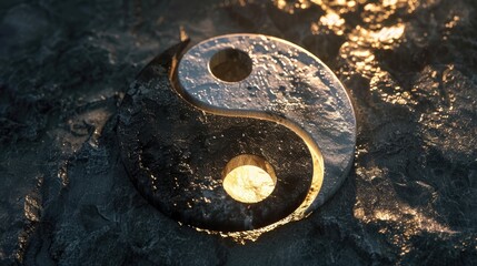 Canvas Print - A reflective yin-yang symbol resting on a textured surface, illuminated by warm light, creating a serene atmosphere