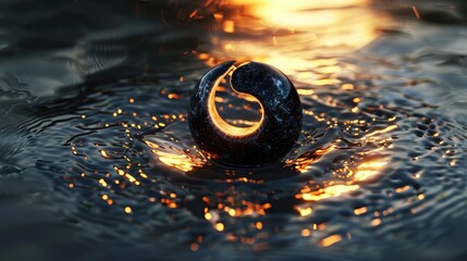 Wall Mural - A reflective black orb creating ripples in water as the sun sets, casting warm light and enhancing the serene atmosphere