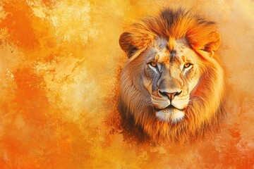 Poster - Regal lion portrait with a glowing golden mane illuminated by sunset light in a vibrant background. Generative AI