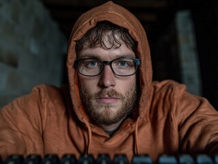Man in hoodie looking at a computer screen.