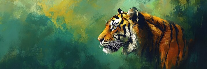 Poster - Impressionist portrait of a tiger set against a vibrant jungle background with customizable text area. Generative AI