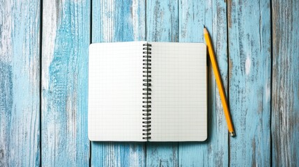 Poster - Open notebook with a pencil on a bright wooden desk inviting creativity and inspiration for writing and note taking. Generative AI