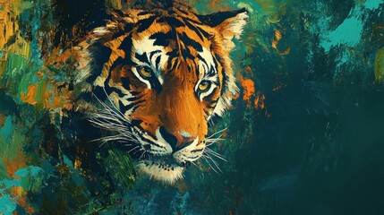 Poster - Impressionist portrait of a vibrant tiger against a lush jungle background with space for creative text. Generative AI