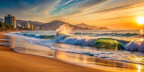 Wall Mural - Powerful ocean waves crashing against a serene sandy beach at sunrise in Acapulco Mexico, coastal scenery, sandy beach