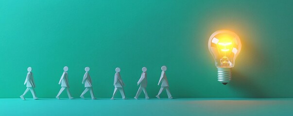 Poster - Paper chain people walking towards lit light bulb idea concept