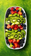 Canvas Print - Fresh fruit platter, berries, kiwi, summer, healthy food, green background, recipe